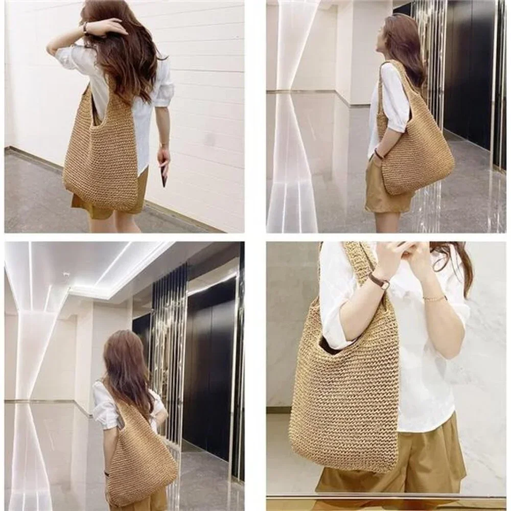 Hand Woven Soft Large Straw Shoulder Bag Boho Tote Retro Summer Bag for‎ Women